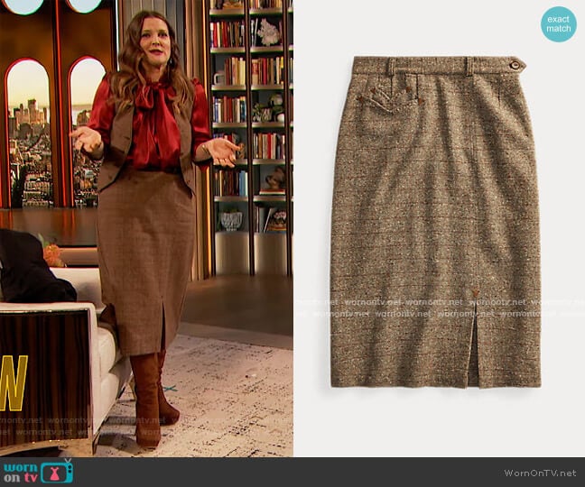 Ralph Lauren Donegal Tweed Wool-Blend Skirt worn by Drew Barrymore on The Drew Barrymore Show
