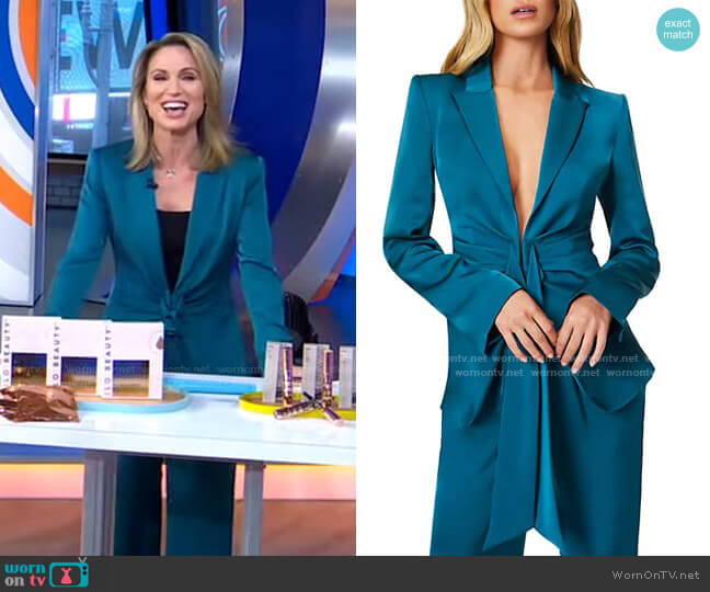 Ramy Brook Ronny Gathered Waist Satin Blazer worn by Amy Robach on Good Morning America