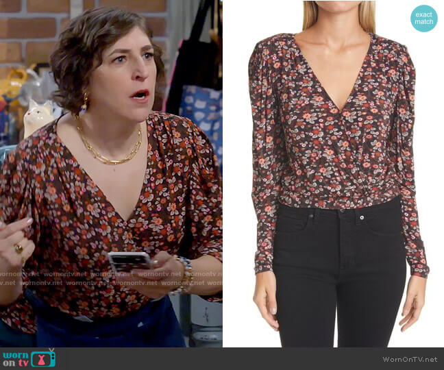 Ramy Brook Floral Print Wrap Silk Top worn by Kat Silver (Mayim Bialik) on Call Me Kat