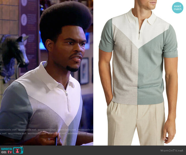 Reiss Butler Colorblock Wool Blend Zip Polo in Sage worn by Carter (Julian Gant) on Call Me Kat