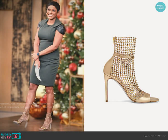 René Caovilla Crystal-embellished mesh and metallic leather sandals worn by Tamron Hall on Tamron Hall Show