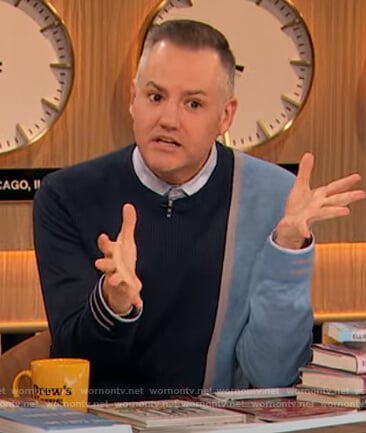Ross’s blue two tone sweater on The Drew Barrymore Show