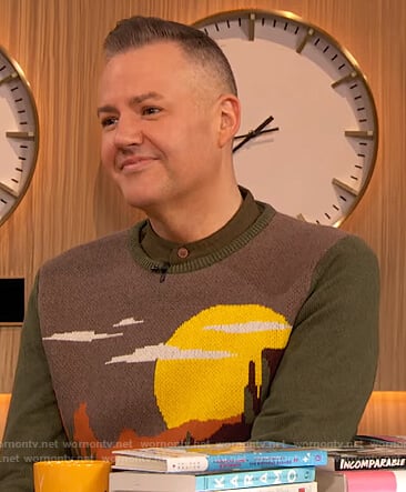Ross’s green landscape desert sweater on The Drew Barrymore Show