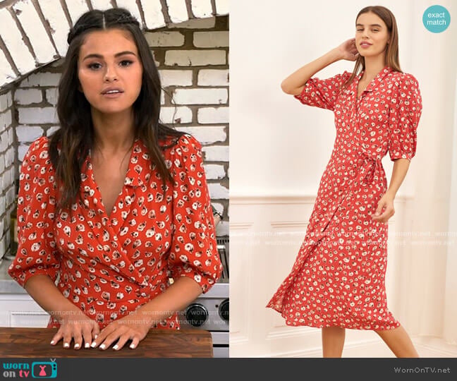 Rouje Louisa Dress in Mamie Rose Rouge worn by Selena Gomez on Selena + Chef