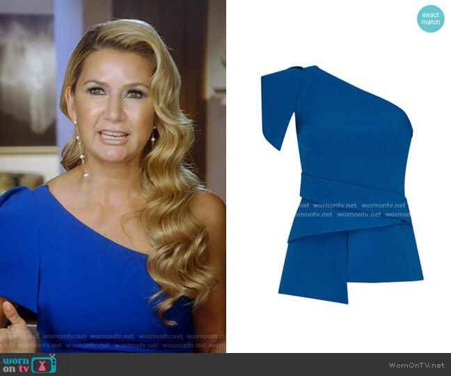 Safiyaa Tanisha Draped Crepe One-Shoulder Top worn by Kary Brittingham on The Real Housewives of Dallas
