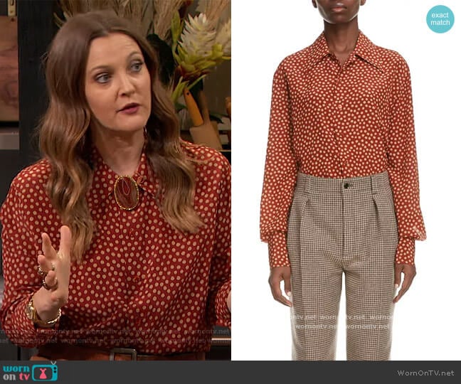 Saint Laurent Polka-dot silk crepe de chine shirt worn by Drew Barrymore on The Drew Barrymore Show