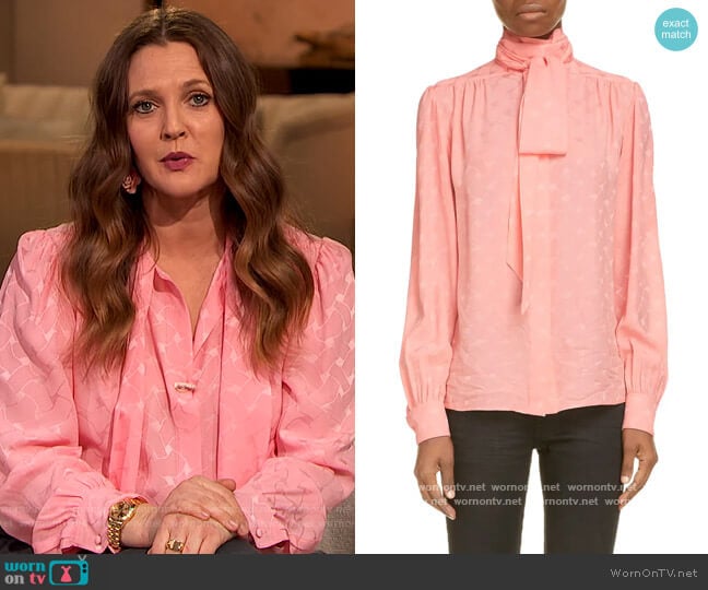 Saint Laurent Tie Neck Print Silk Blouse worn by Drew Barrymore on The Drew Barrymore Show