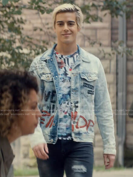 Shane’s graffiti print denim jacket on Tiny Pretty Things