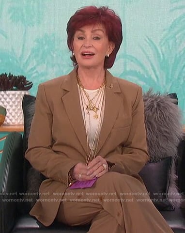 Sharon’s beige blazer and side button pants on The Talk