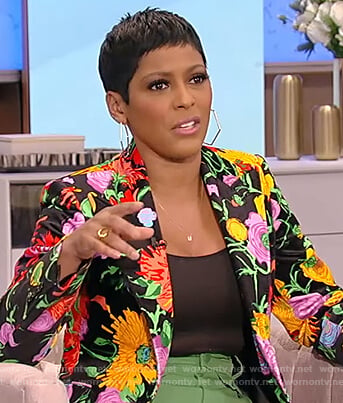 Tamron’s black floral print blazer on Tamron Hall Show