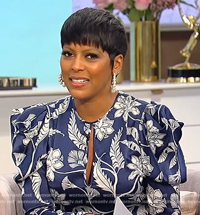 Tamron’s blue floral print keyhole dress on Tamron Hall Show