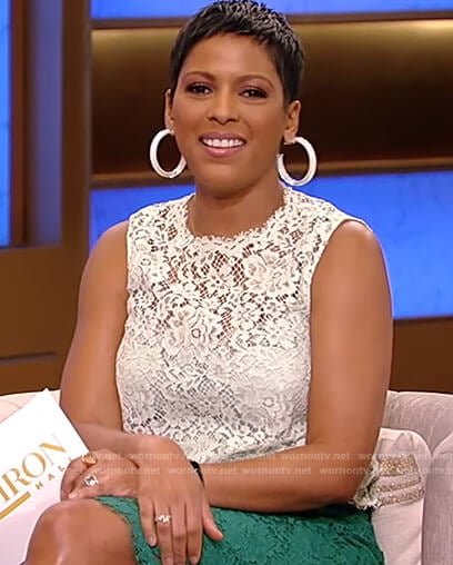 Tamron’s white lace top and skirt on Tamron Hall Show