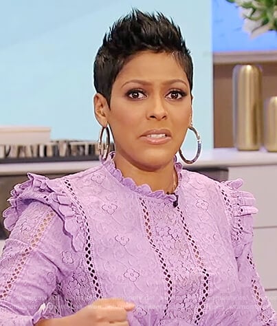 Tamron’s lavender floral lace dress on Tamron Hall Show
