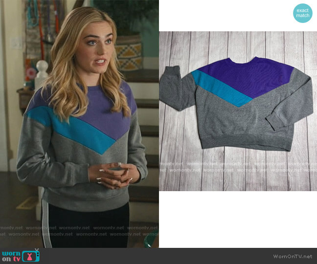 Arizona 90's colorblock sweater worn by Taylor Otto (Meg Donnelly) on American Housewife