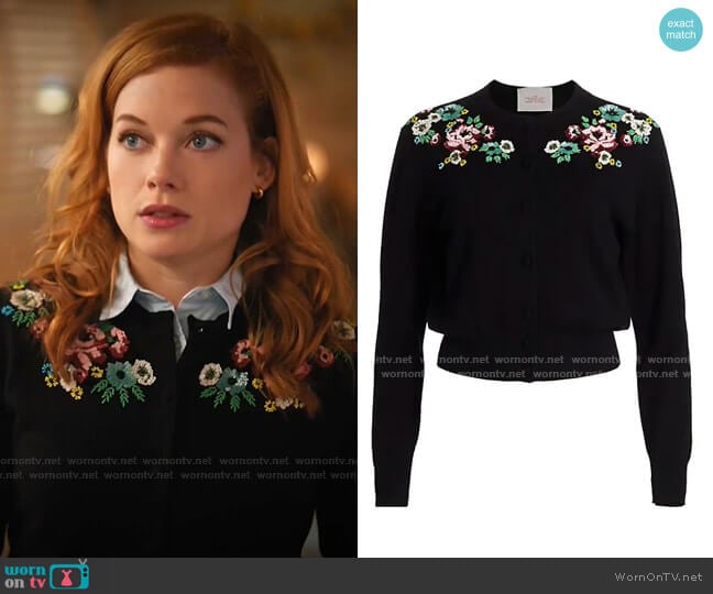 The Marc Jacobs The Beaded Love Embellished Button-Up Cardigan worn by Zoey Clarke (Jane Levy) on Zoeys Extraordinary Playlist