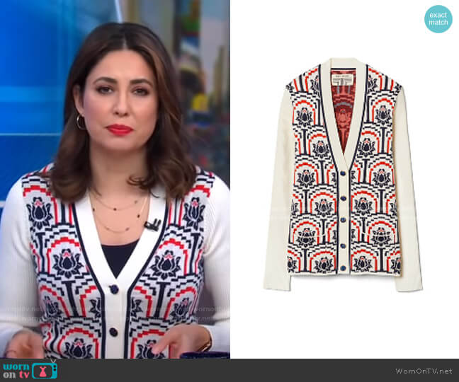 Tory Burch Performance Merino Floral Jacquard Cardigan worn by Cecilia Vega on Good Morning America