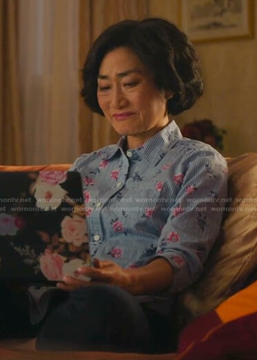 Mrs. Kim’s blue floral striped shirt on Kims Convenience