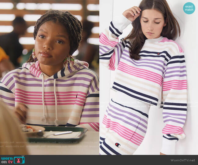 Champion Exclusive Striped Cropped Sweatshirt worn by Skylar Forster (Halle Bailey) on Grown-ish