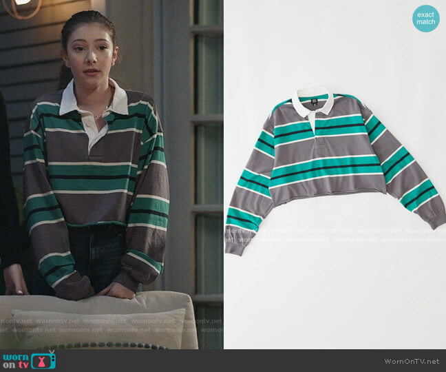 Urban Outfitters Jefferson Cropped Rugby Shirt worn by Natalie (Makenzie Moss) on The Unicorn