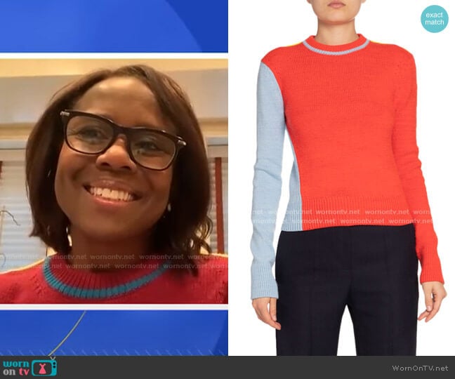 Victoria Beckham Colorblocked Wool-Blend Crewneck Sweater worn by Deborah Roberts on Good Morning America