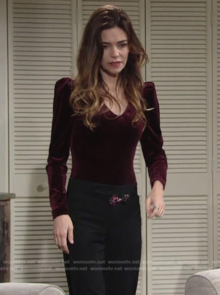 Victoria’s red velvet v-neck bodysuit on The Young and the Restless