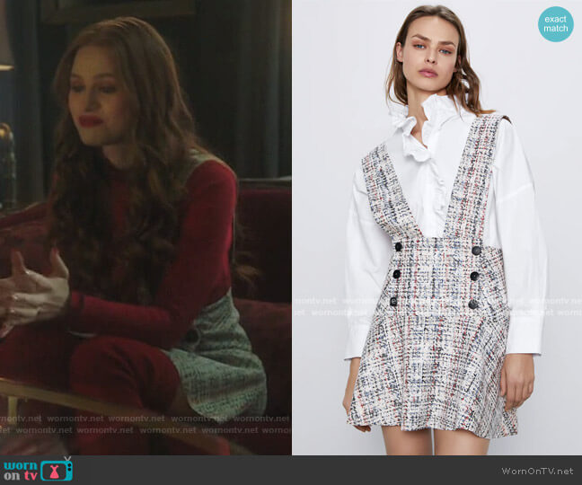 Zara Printed Pinafore Dress with Buttons worn by Cheryl Blossom (Madelaine Petsch) on Riverdale
