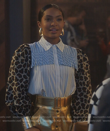 Zoey’s mixed print blouse and gold metallic skirt on Grown-ish
