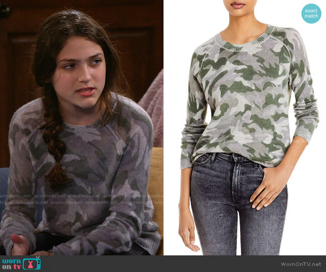 Aqua Cashmere Camo Crewneck Cashmere Sweater worn by Maddie (Izzy G) on B Positive