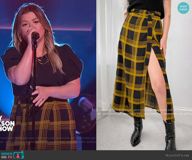 ASOS Midi Skirt with Belt Detail in Mustard Plaid worn by Kelly Clarkson on The Kelly Clarkson Show