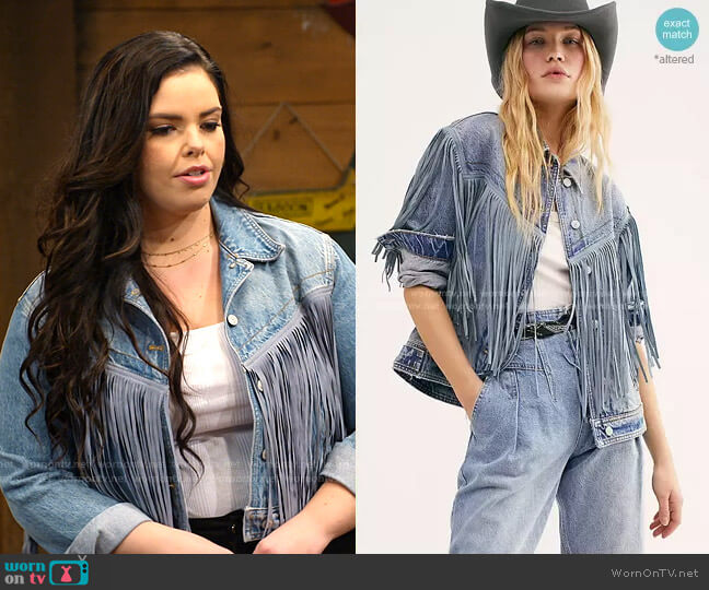 Free People After Hours Fringe Denim Jacket worn by Lou Hockhauser (Miranda May) on Bunkd