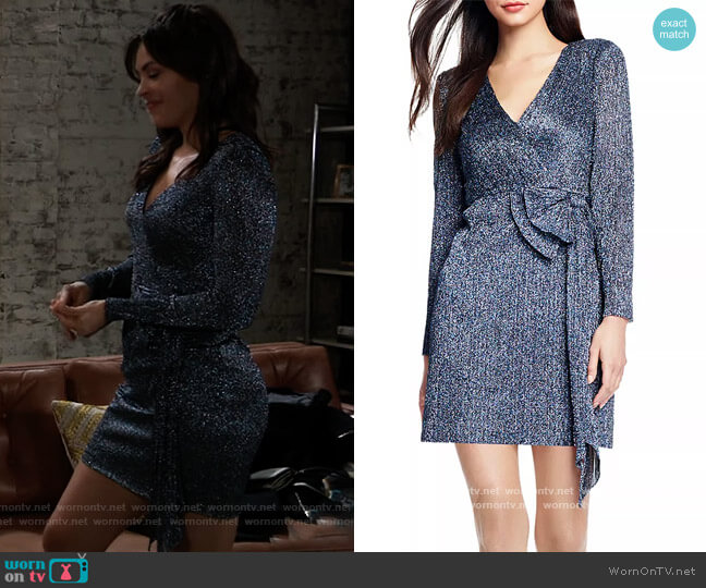 Aidan by Aidan Mattox Metallic Faux Wrap Dress worn by Britt Westbourne (Kelly Thiebaud) on General Hospital