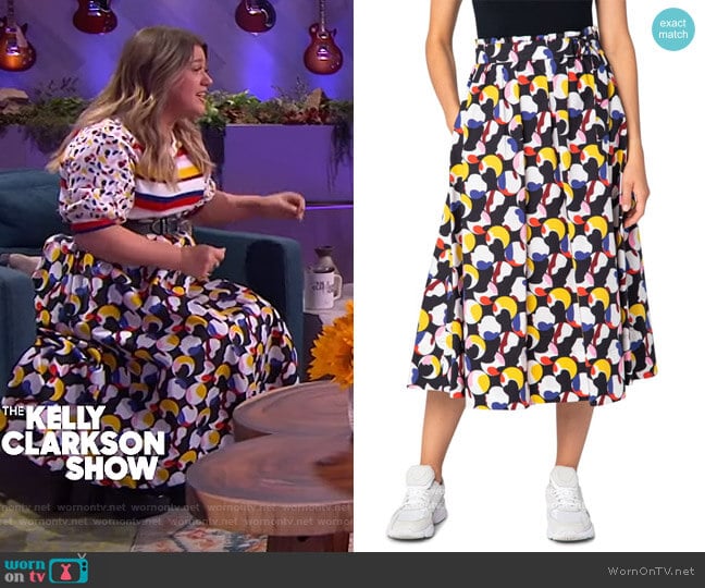 Akris Punto Floating Dot Belted Midi Skirt worn by Kelly Clarkson on The Kelly Clarkson Show