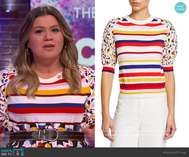 Akris Punto Fantasy Knit Puff-Sleeve Shirt worn by Kelly Clarkson on The Kelly Clarkson Show