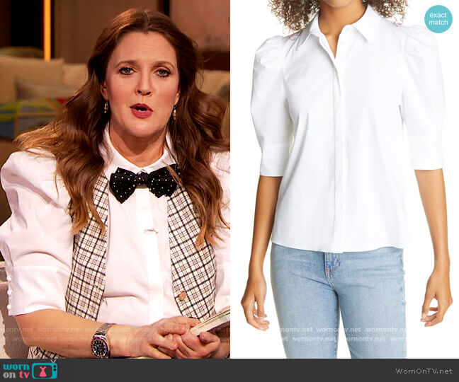 Alice + Olivia Willa Puff Sleeve Blouse worn by Drew Barrymore on The Drew Barrymore Show
