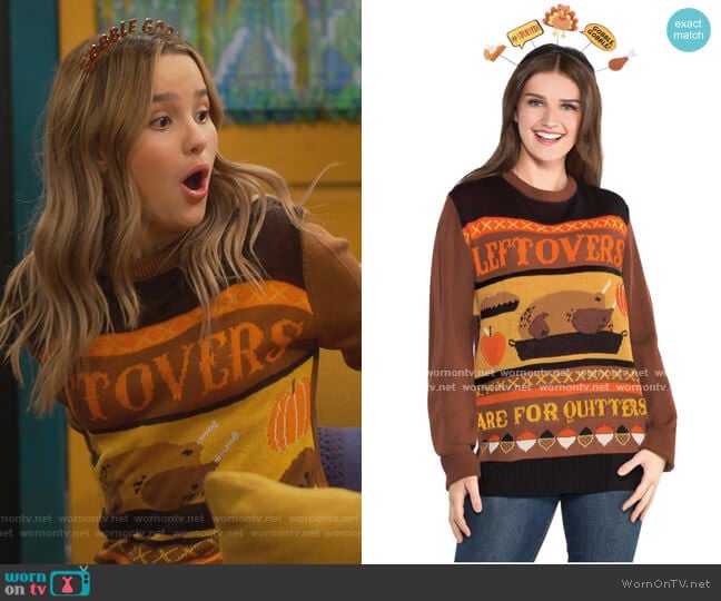 Amscan Thanksgiving Leftovers Are For Quitters Ugly Sweater worn by Lex (Jules LeBlanc) on Side Hustle