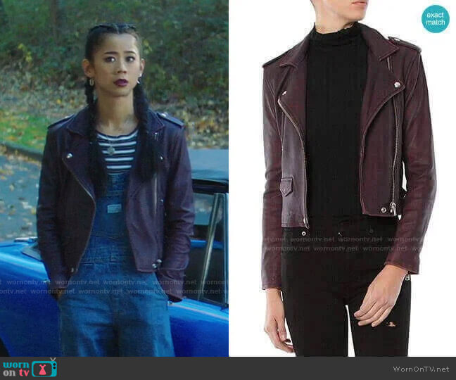 Iro Ashville Leather Jacket in Plum worn by George Fan (Leah Lewis) on Nancy Drew
