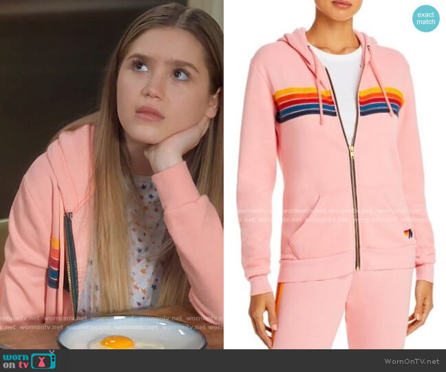 Aviator Nation Rainbow-Stripe Hoodie in Blush worn by Orly Bremer (Kyla Kenedy) on Mr Mayor