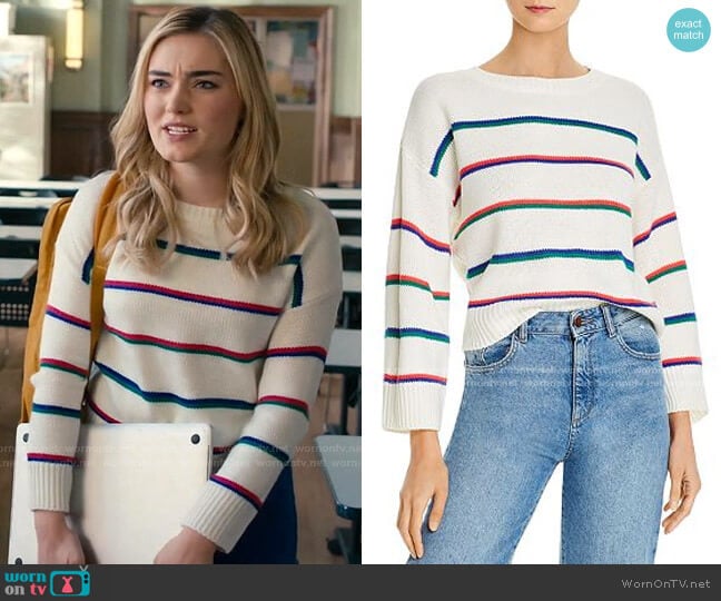 BB Dakota Stripe Hype Sweater worn by Taylor Otto (Meg Donnelly) on American Housewife