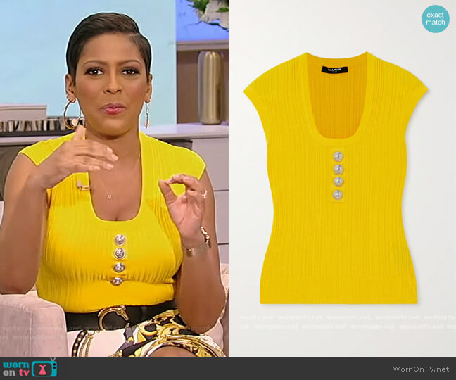Balmain Button-embellished ribbed-knit top worn by Tamron Hall on Tamron Hall Show