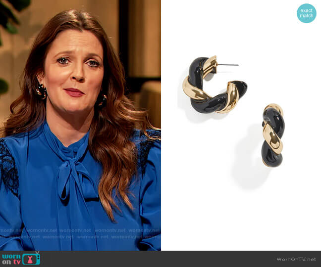 Baublebar Two-Tone Twisted Hoop Earrings worn by Drew Barrymore on The Drew Barrymore Show