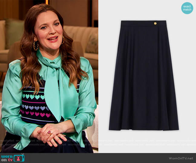 Celine 70's Midi Skirt in Wool Flannel worn by Drew Barrymore on The Drew Barrymore Show