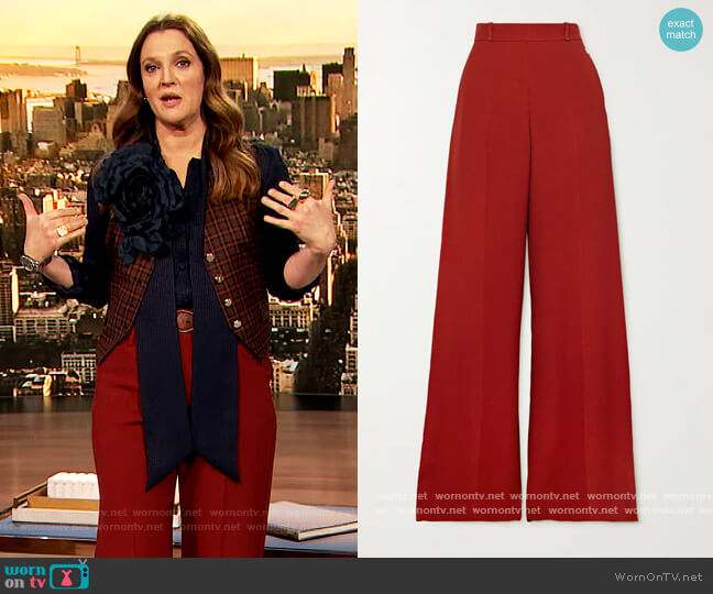 Chloe Double Face Flare Crepe Trousers worn by Drew Barrymore on The Drew Barrymore Show