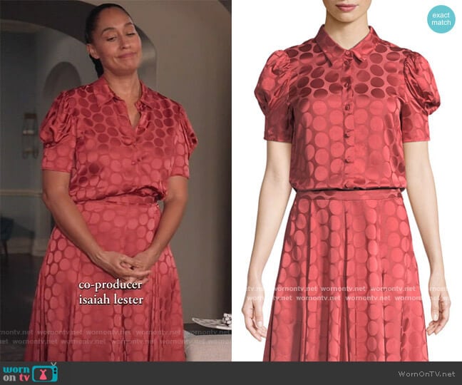 Co Button-Front Short-Sleeve Tonal Dot Satin Blouse worn by Rainbow Johnson (Tracee Ellis Ross) on Black-ish