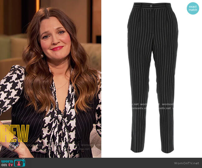 Dolce & Gabbana Pinstripe Tapered Trousers worn by Drew Barrymore on The Drew Barrymore Show