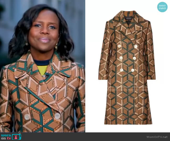 Gucci Double-Breasted Metallic Jacquard Coat worn by Deborah Roberts on Good Morning America