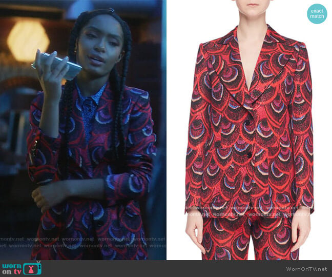 Dries Van Noten Single-Breasted Two-Button Peacock-Jacquard Blazer worn by Zoey Johnson (Yara Shahidi) on Grown-ish