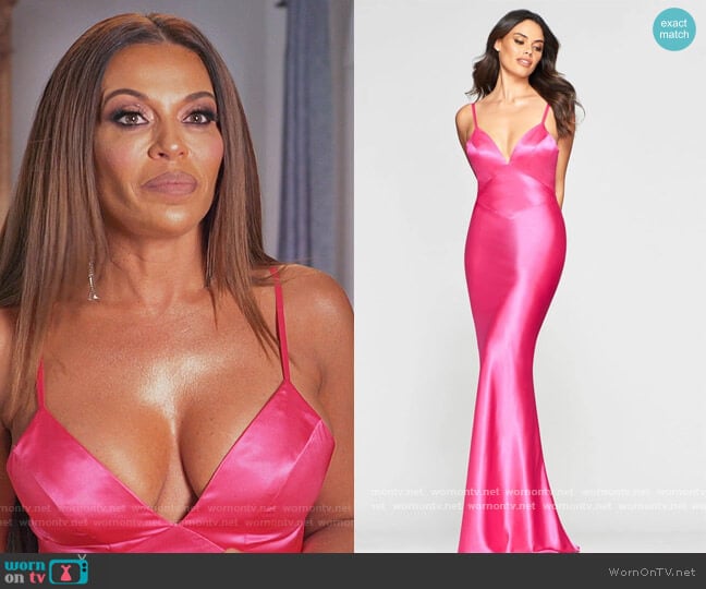 Faviana V-Neck Fitted Bodice Cutout Satin Mermaid Dress worn by Dolores Catania on The Real Housewives of New Jersey