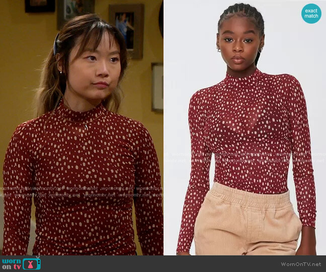Forever 21 Sheer Spotted Print Top in Burgundy worn by Jen (Krista Marie Yu) on Last Man Standing