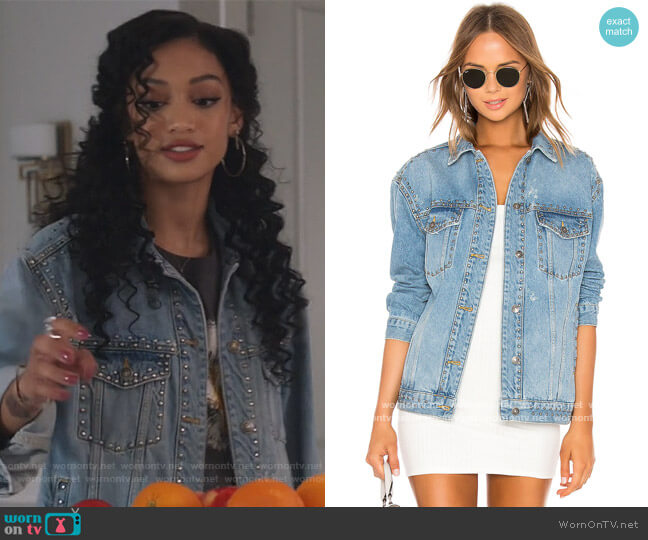 Free People Studded Denim Trucker Jacket worn by Olivia Baker (Samantha Logan) on All American