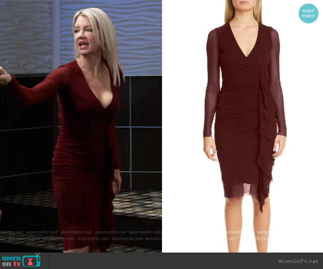 Fuzzi Ruched Ruffle Long Sleeve Dress worn by Nina Reeves (Cynthia Watros) on General Hospital